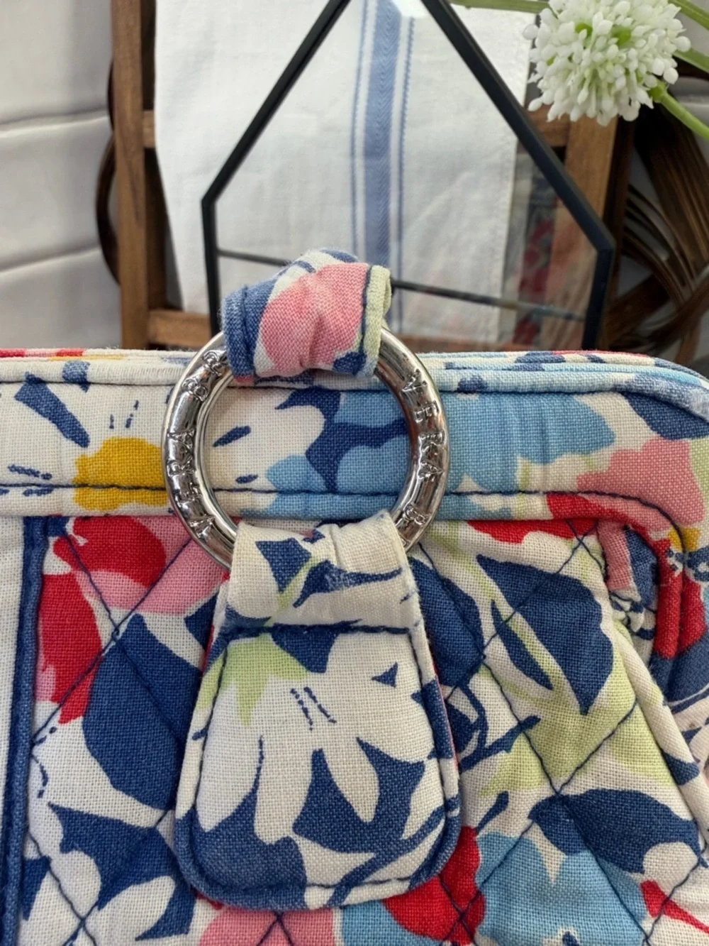 Vera Bradley Blue Floral Quilted Frame Bag with Pink & Red Accents